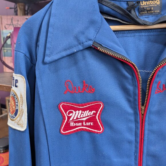 Vintage 70s Men's Miller High Life Blue Jacket Patch Chain Stitch Size 44 Large - Picture 7 of 8